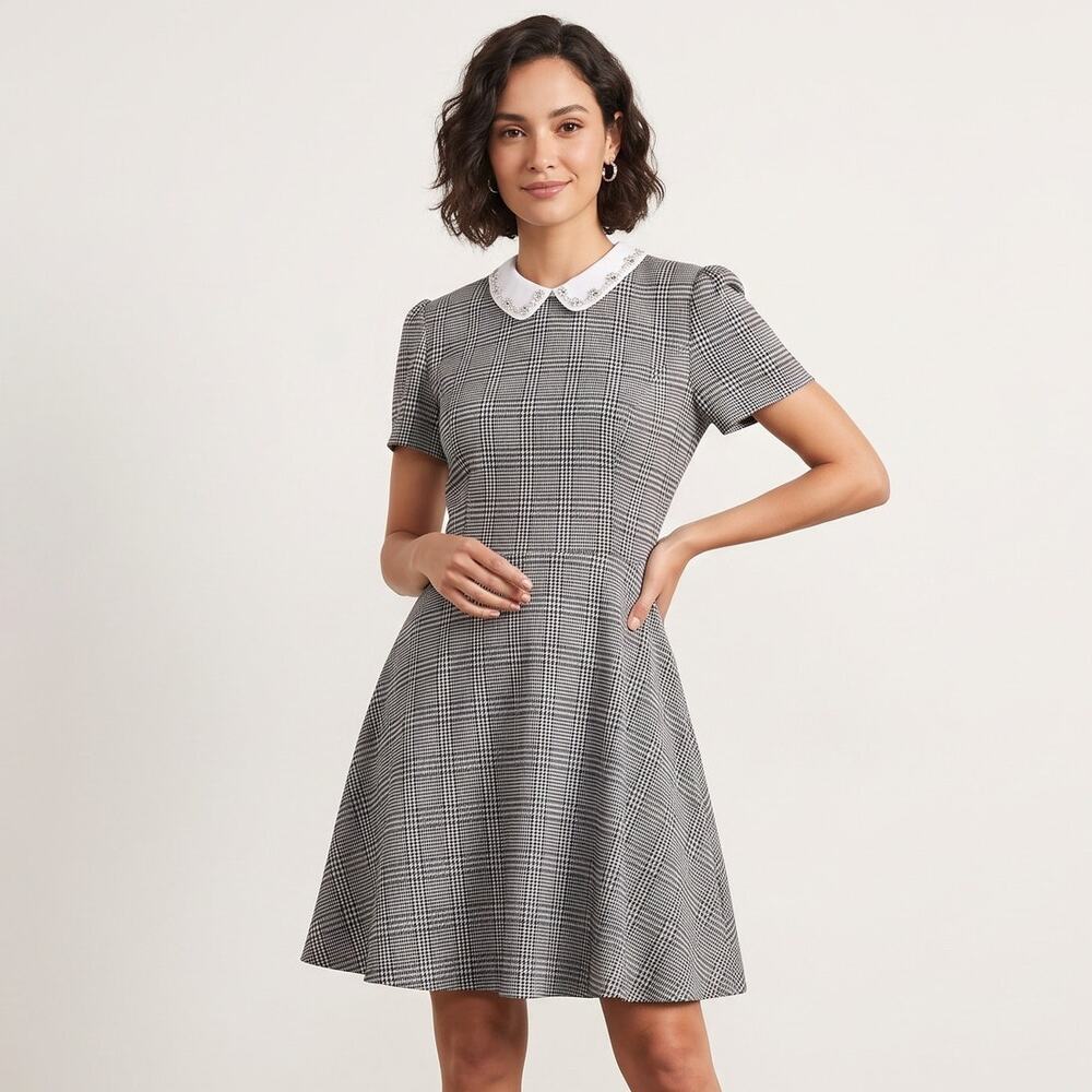Maison Jules Plaid Fit & Flare Dress Sz 6 Embellished Peter Pan Collar Mod Mini